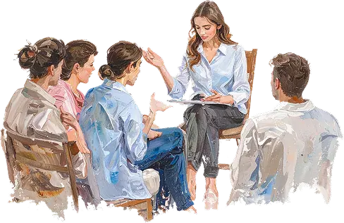 Grupo de adultos sentados en círculo durante un taller, ilustración en acuarela