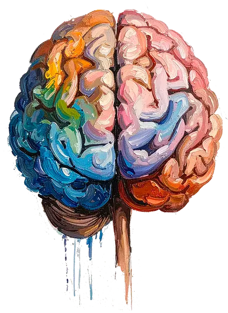 Cerebro pintado en acuarela con los dos hemisferios en colores