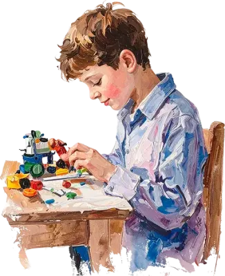 Niño armando bloques de construcción en una mesa, ilustración en acuarela