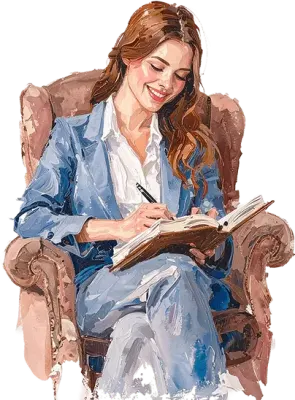 Psicóloga sonriente tomando notas en un sillón, ilustración en acuarela