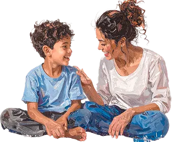 Mamá conversando con su hijo sentados en el piso, ilustración en acuarela
