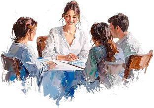 Terapeuta trabajando con un grupo de niños alrededor de una mesa, ilustración en acuarela